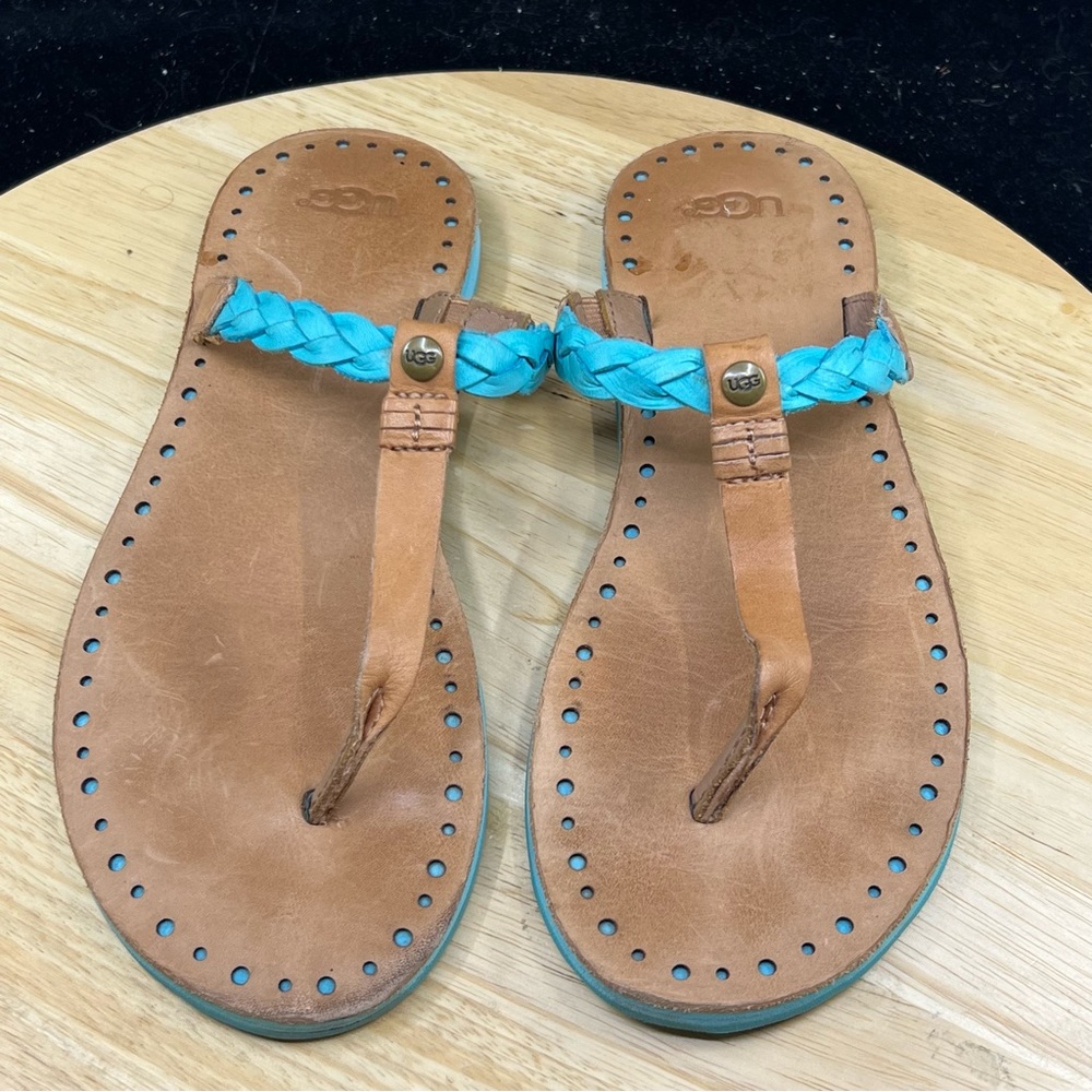 UGG Navie Sandals Women’s 8/39 Blue Braided Leather Thong Flip Flop 1004109 - Picture 8 of 9